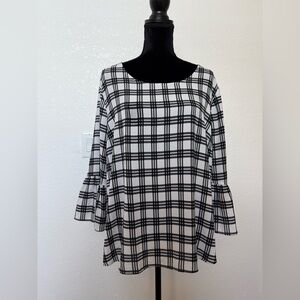 Elle Black and White Plaid Bell-Sleeve Tunic XXL